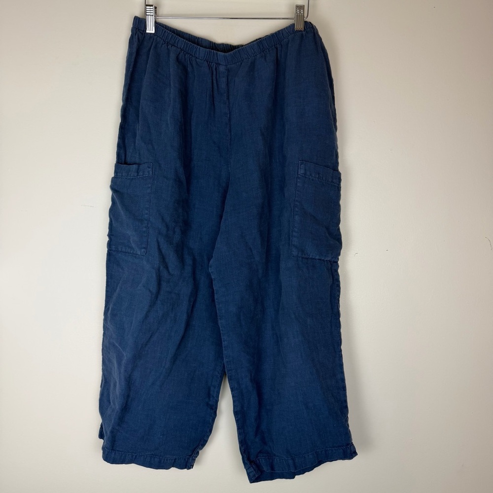 HOT COTTON Navy Wide-Leg Linen Cargo Crop Pants XL
